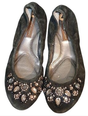 Adrienne Vittadini - Gently Worn Black Ballet Shoes W/ Clear Rhinestones, Size 7